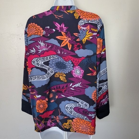 Natori Women's Large Long Sleeve Blouse V-neck Top Blue Purple Floral Print - Picture 3 of 9